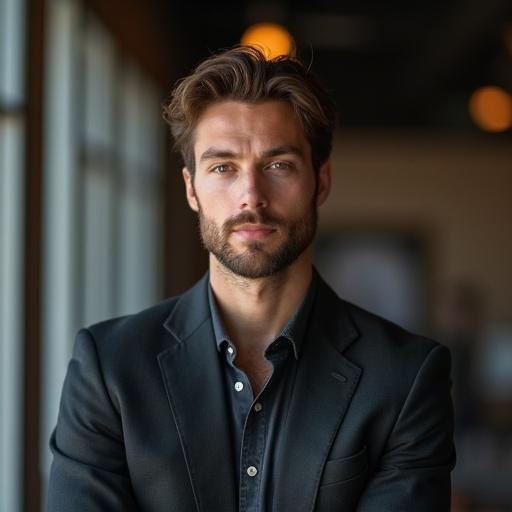 A man dressed in a black jacket and button-up shirt. He sits with an upright posture. He expresses a mix of shyness and an attempt at confidence. The background is blurred to emphasize the subject.