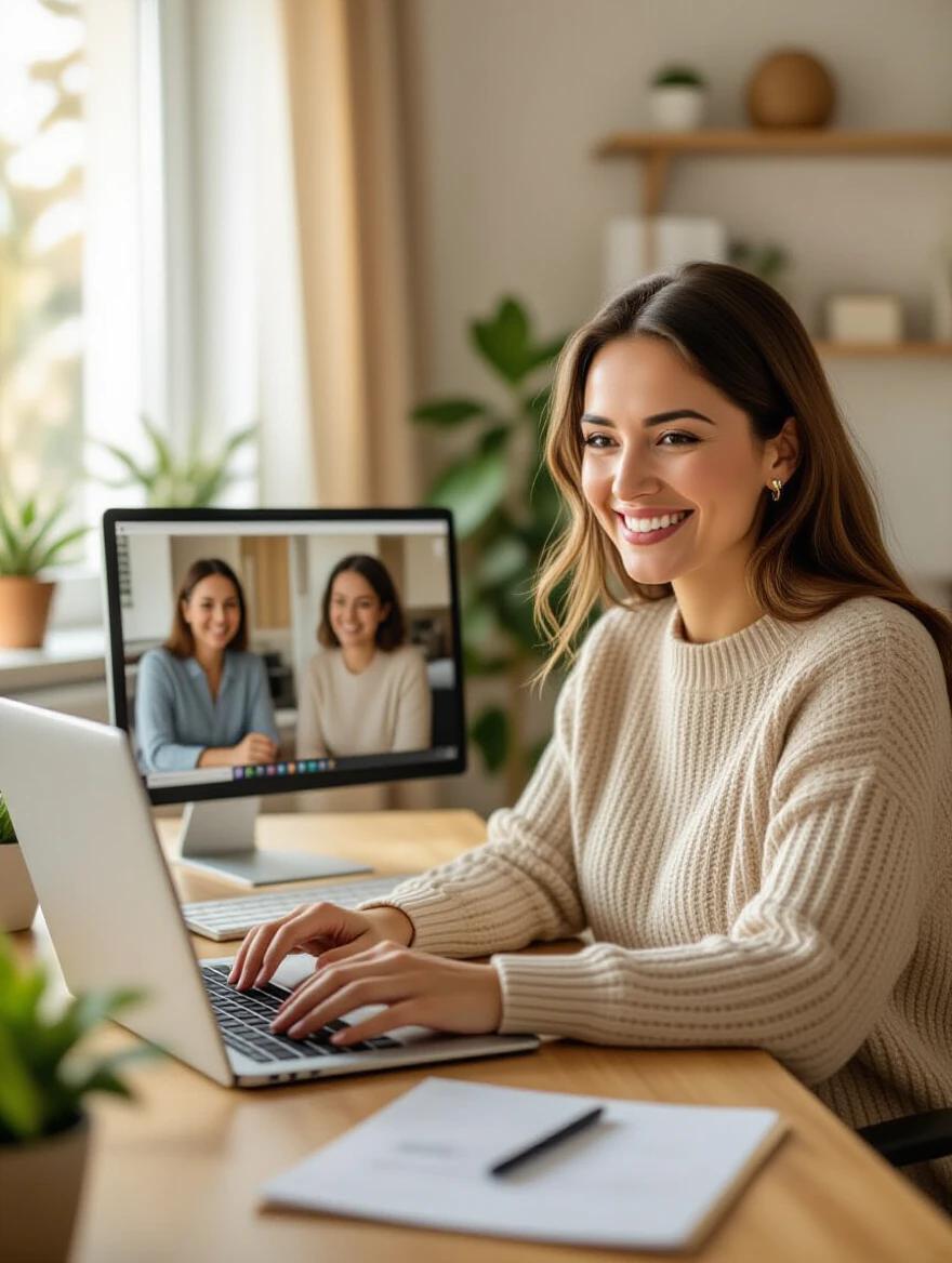 A mother works from home on a laptop. She smiles during a video call with other moms. The room is bright with soft daylight. The setup is inviting with plants and a warm atmosphere. The image depicts professionalism and joy.