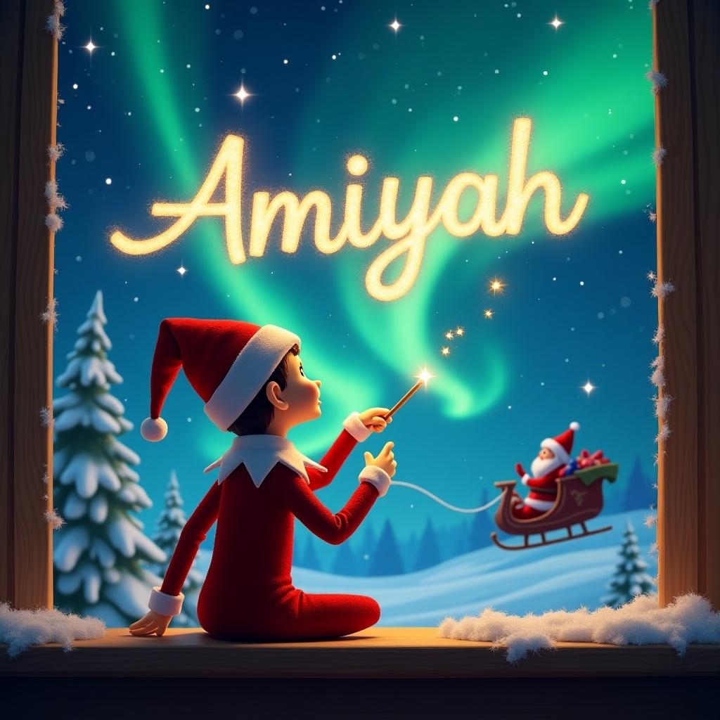 An elf on the shelf is writing 'Amiyah' in the sky using a wand. The background features a magical Christmas scene with northern lights and Santa's sleigh. The elf is sitting with its back facing the viewer and looking up.