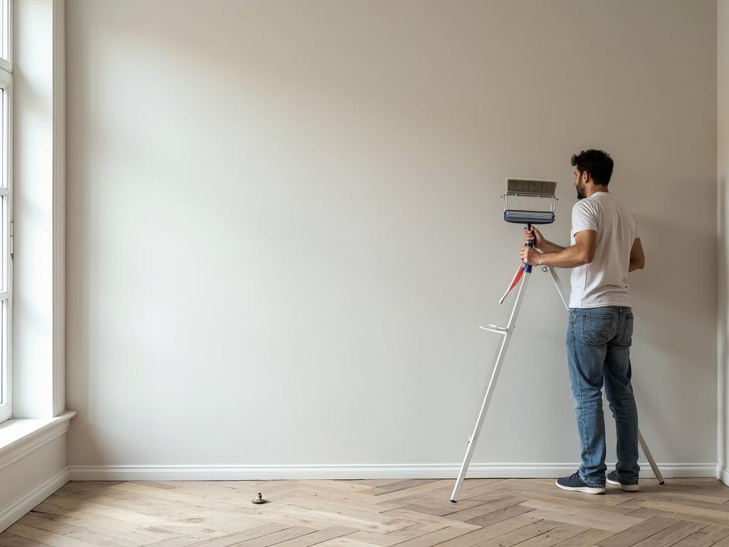 Man painting a wall in an empty room. Person is using a paint roller attached to a stand. Room has wood flooring and a large window.