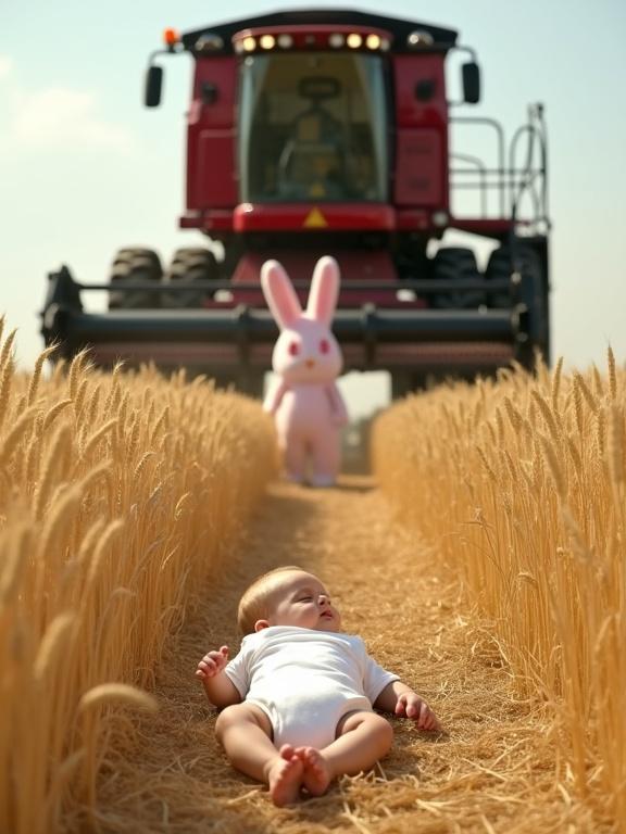 A baby lies in a golden wheat field wearing a white onesie. The baby is surrounded by tall wheat stalks. A large red combine harvester approaches. A human-sized pink rabbit stands in front of the harvester looking protective.