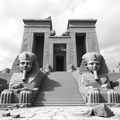 Grand facade of a ruined ancient temple inspired by Egyptian architecture. Hyperrealistic pencil sketch in monochrome. Wide staircase leads to temple entrance. Two colossal stone heads flanking entrance partially buried. Massive pillars with hieroglyphic carvings support a crumbling structure. Significant weathering and rubble around. Sense of lost empire with detailed textures and dramatic lighting.