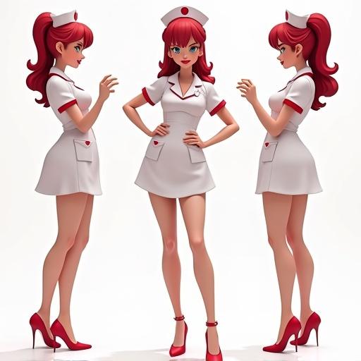 Anime nurse character design shown in three different angles. Character poses are flirty and playful. The design features a short dress, high heels, and a classic nurse cap. Lively, colorful appearance.