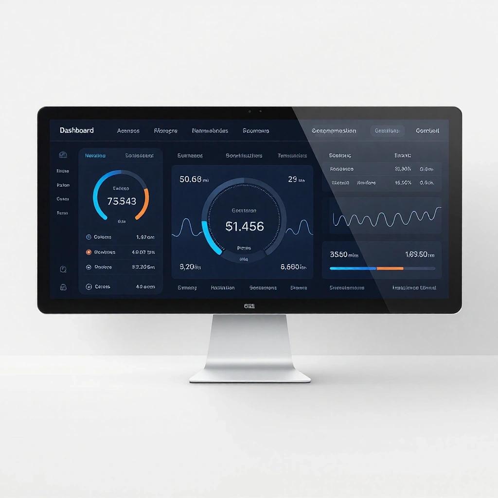 Wallpaper featuring a modern dashboard on a computer monitor displaying data and analytics.