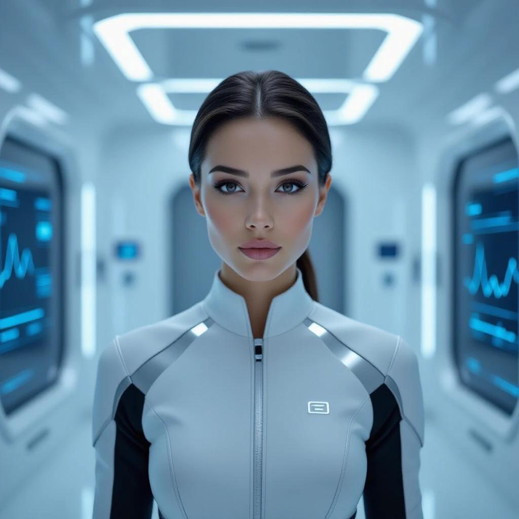 Androgynous woman in a sterile, high-tech environment. Clinical room with white walls and soft lighting. Futuristic glass panels show biometric data. Emotionless, symmetrical face with flawless skin. Neutral expression and precise movements. Wearing a form-fitting uniform with metallic accents. Ambiguous features suggest artificiality with visible panels or lights under skin.