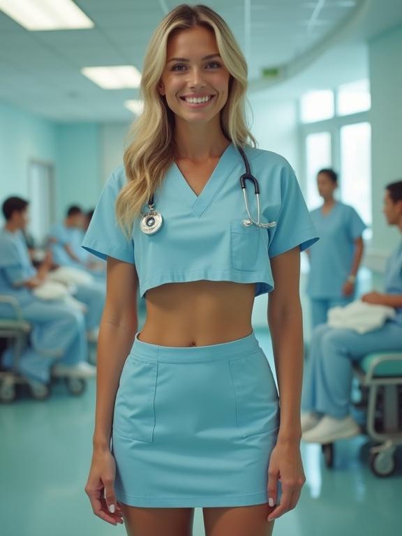 Nurse in a crop top and mini skirt smiling at the camera. Hospital background with patients. Light blue colors dominate the scene. She has a stethoscope around her neck. Beautiful and confident appearance.
