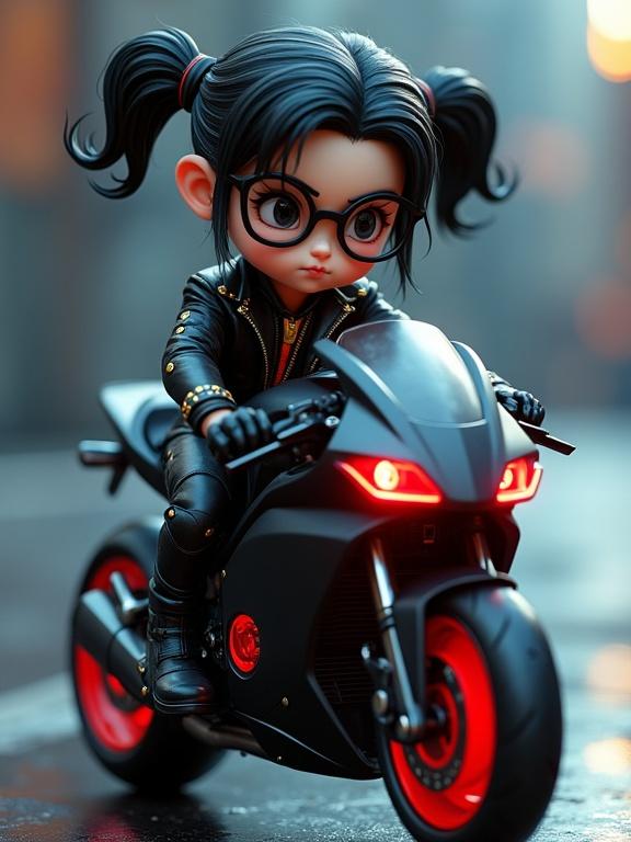 Stylized animated child character riding a futuristic motorcycle. Confident expression, jet-black hair in pigtails, large round glasses. Biker outfit with gold detailing. Motorcycle has sleek black body, red highlights, aggressive design. Blurry blue and orange background. Studio lighting with reflections.