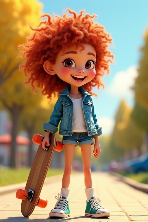 3D Pixar-inspired illustration. Cheerful girl with curly red hair. Wearing denim jacket and sneakers. Holding skateboard. Smiling in a sunny park. Vibrant colors enhance the scene.