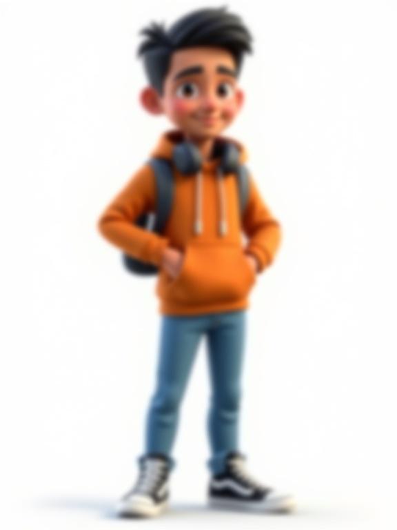 3D cartoon character young Egyptian male graphic designer medium skin tone black short hair wearing modern burnt orange hoodie slim-fit blue jeans white and black sneakers carrying laptop bag one shoulder big expressive eyes confident friendly expression headphones around neck clean colorful Pixar-like rendering full-body pose neutral background