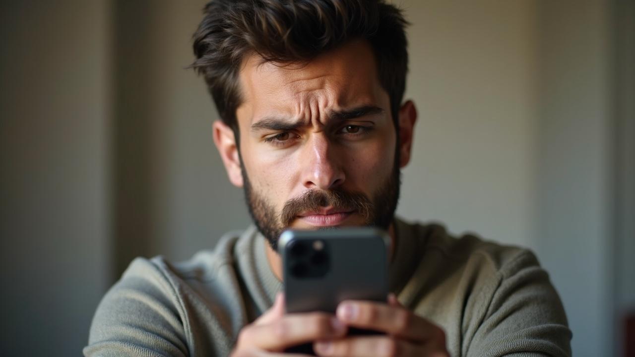 A young man with a focused and slightly concerned expression stares intently at a smartphone he is holding. His furrowed brow suggests deep concentration or possibly frustration. The soft, natural lighting from the side highlights his features, providing a sense of realism and immediacy to the scene.