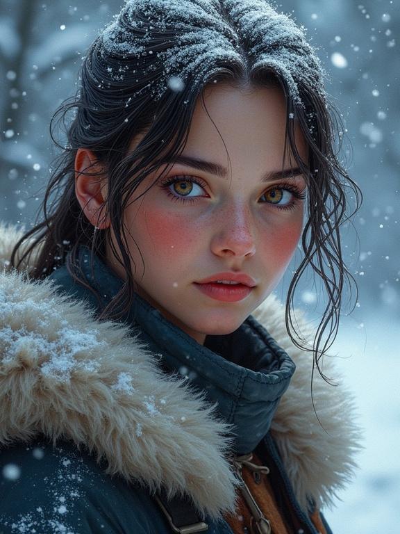 Digital comic book illustration of a young woman with snow-dusted hair and rosy cheeks. She wears a fur-lined cloak and looks directly at the viewer. The scene features dramatic lighting and falling snowflakes.