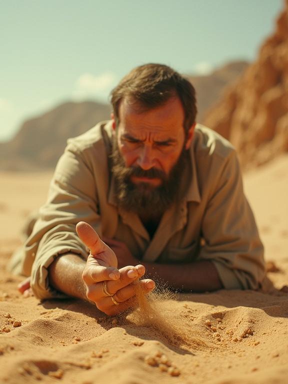An archaeologist kneels in a desert. He drops sand from his hand. Close focus on the hand. The scene conveys utter defeat. The style is hyper-realistic, cinematic, and detailed.