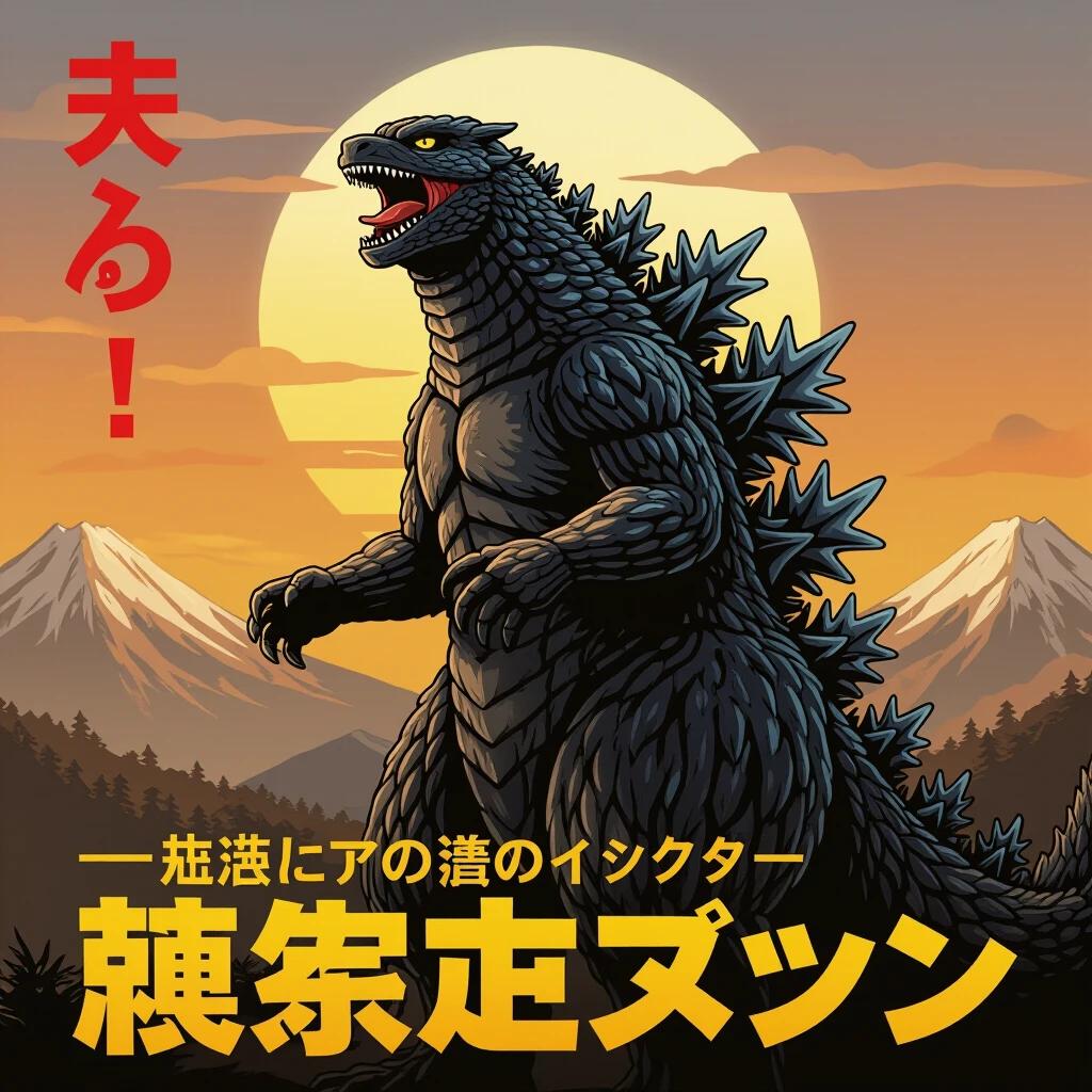 A giant monster depicted in an animated style. Scene set during sunset featuring mountains and trees. The creature is positioned prominently, showcasing its features and imposing size. Dramatic background with a focus on the action and atmosphere.
