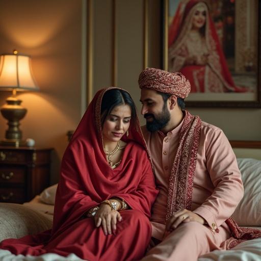 Wealthy Pakistani couple in a luxurious bedroom. Husband and wife sit together on the bed. Wife dressed in simple shalwar kameez appears sad holding tasbih. Husband shows empathy. Framed wedding photo behind them captures their joyful past. Photo features bride in red bridal dress and groom in elegant sherwani.