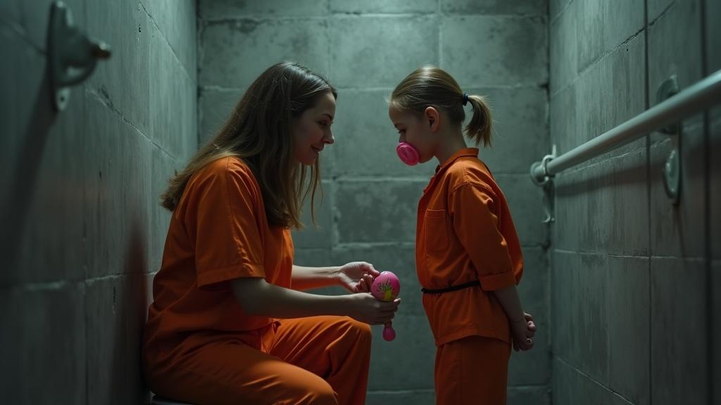 Surreal emotional scene of mother and daughter in jail cell. Dimly lit gray concrete walls. Child wears orange jumpsuit and oversized pacifier. Mother in orange jumpsuit interacts tenderly with daughter. Atmosphere of care amidst dire circumstances. Significant themes of mortality and innocence explored.