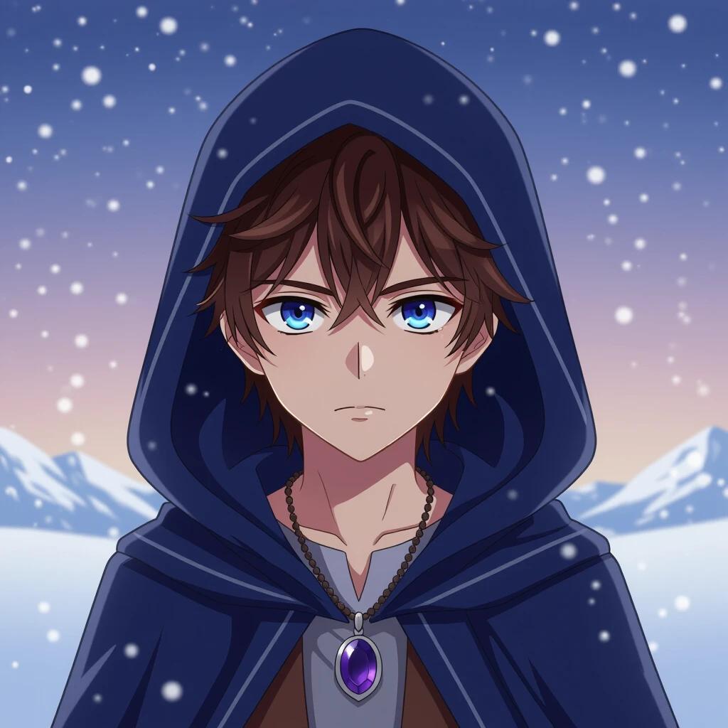 A boy wearing a dark blue hooded cloak stands in a winter landscape. He has gradient eyes and medium brown hair. The scene occurs during dusk. The boy has a serious expression. He wears a necklace with an amethyst gem. Snowflakes are falling in the background with mountains visible.