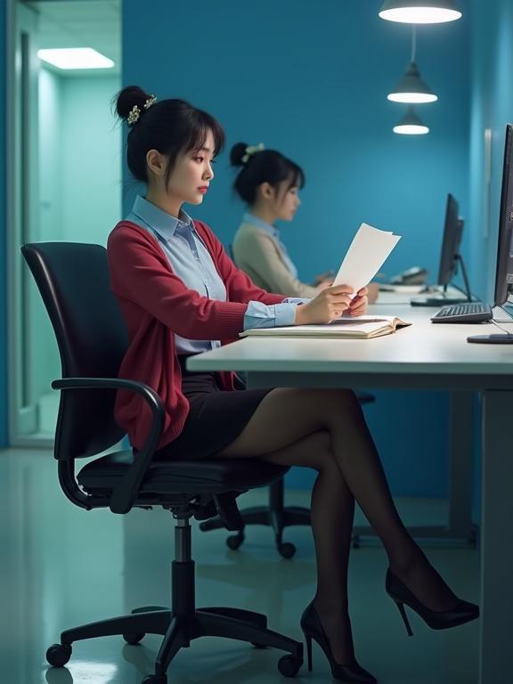 Full-body image of an East Asian female agent sitting at her desk reading intel files in her agency. The office has blue walls. She wears a light-blue blouse and a black knee-length skirt with a cherry-red cardigan. She wears black pantyhose and black closed-toe ankle-strap heels. Her hair is neatly bunned with a cute white flower clip. She exudes excitement and determination.