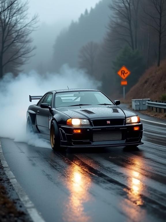A black Nissan GT-R R34 drifts on a wet mountain road with headlights shining through mist. The car's body sprays water and smoke, tires screech on slick asphalt. Reflections shimmer on the rain-soaked ground and skid marks trail behind. Front wheels are turned sharply in mid-drift. The background features bare trees and road signs, suggesting speed and danger. A faint trail of tail light reflections and tire smoke evoke raw power and chaos.
