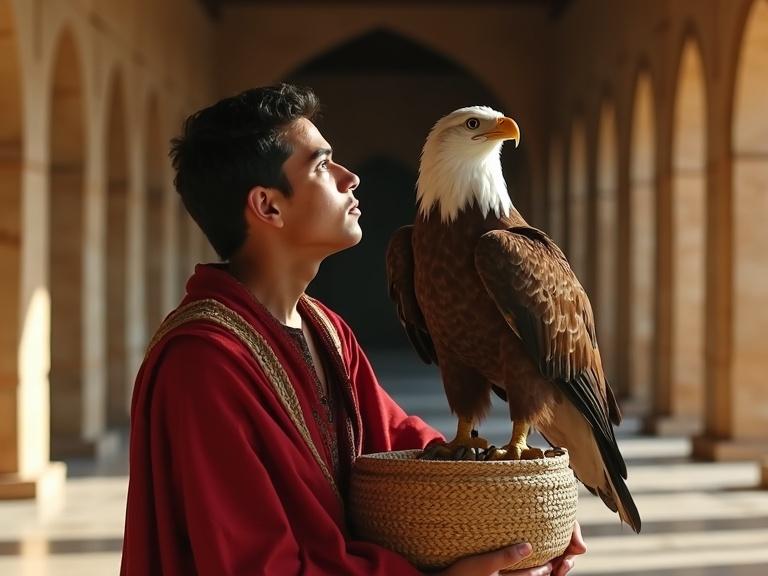 A young man with Arab facial features wearing a red outfit stands with a large eagle on a basket. Both are gazing upwards in a majestic corridor with arches.