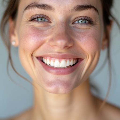 Close-up of a smiling woman with a clear expression. Natural beauty is highlighted with soft lighting. The image captures her whole face in a frontal view.