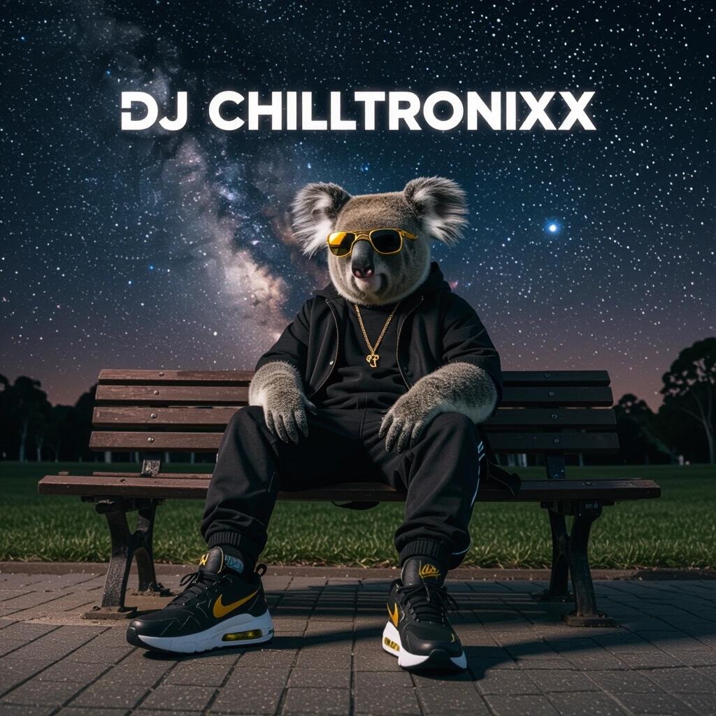 Stylish koala person on a park bench relaxing at night. Dark sky full of stars and nebula as a backdrop. Koala wears sunglasses and trendy clothes including Nike Air Max shoes. Text features DJ Chilltronixx artist name prominently. Suitable for an artistic album cover.