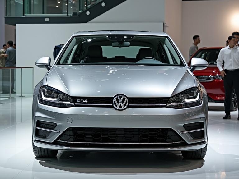A silver estate car is parked in a contemporary showroom with bright lighting. The vehicle is displayed prominently from the front, showcasing its sleek design. Other cars are visible in the background without focus.