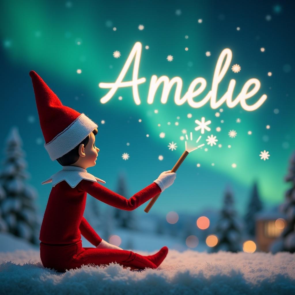 This image shows an Elf on the Shelf character sitting on soft snow, facing the sky. The elf is using a magic wand to write 'Amelie' against a stunning backdrop of northern lights. It's a magical Christmas scene, with snow-covered trees and a cozy cabin in the distance. The elf has its back to the viewer, creating an air of mystery. The wand sparkles as it writes, capturing the magic of the holiday season. There are subtle hints of warmth in the glowing lights above, creating a whimsical and festive atmosphere.