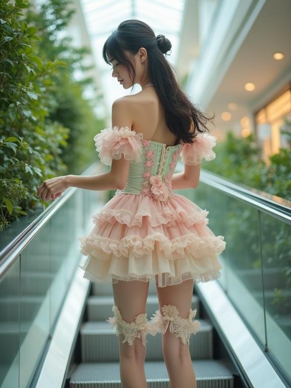 Full body shot of a lady in a pastel-colored frilly outfit. She bends down to pick up a stone on an escalator. The outfit has a corset top with lace and frills, in pink, cream, and mint green. The dress has a sweetheart neckline and off-the-shoulder design. A full lace skirt adds a vintage feel. Hair tied up. Beautiful legs visible. Serene expression. Pale pink stockings and embroidered garter belts. Soft natural light highlights the details. The setting is lush with greenery. Lighting is soft and indoor.