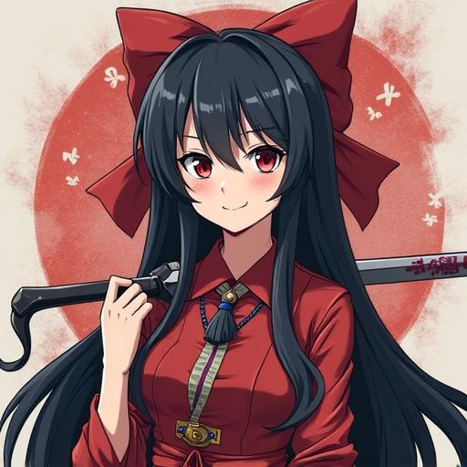 Anime character with black hair and red bow wearing a dark red outfit holding a sword. Full body illustration. Charismatic expression and traditional Japanese elements in design.