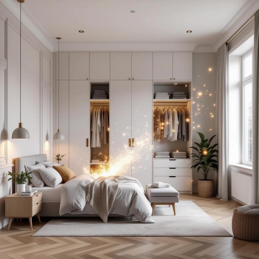 Slow-moving camera in an elegant empty bedroom with light walls and wooden flooring. A modern stylish box sits in the center of the room. The box opens with a soft magical explosion of light and particles, revealing sophisticated items: a king-size bed with white linen, a built-in wardrobe with mirrored doors, a minimalist desk, and a stylish chair. Furniture magically positions itself, transforming the space into a complete organized bedroom with cozy lighting and refined decor. The camera ends with a gentle traveling shot revealing the finished space.