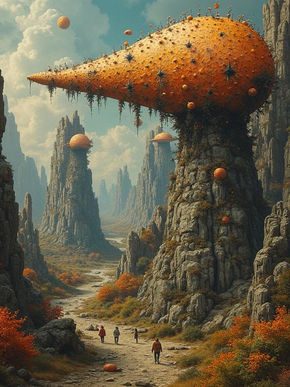 Surreal landscape inspired by Dadaism. Contains strange, oversized orange structures. Abundant rock formations and a winding path. A group of figures walking through the valley. Unique, imaginative scenery creates a dreamlike atmosphere.