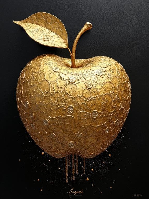 An elegant and intricately detailed golden apple is displayed against a black background. The apple has a textured surface, shimmering with gold tones, and features a stylized leaf.
