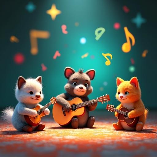 3D illustration of friendly animals playing instruments. Scene with vibrant colors like electric blue, red, yellow, green. Includes musical notes and stars in the background. Fun and magical atmosphere for children.