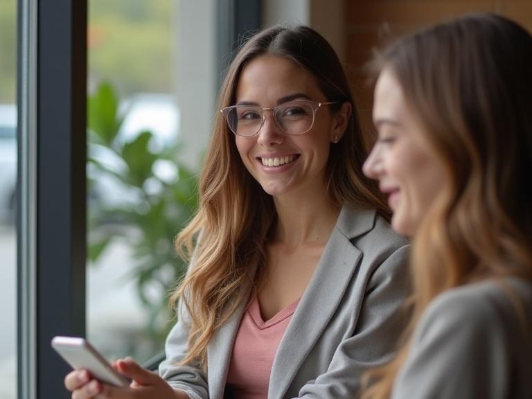Portray two young women in a cozy environment. One woman with glasses smiles while holding a smartphone. The other woman sits nearby. Natural light creates a warm atmosphere. They appear engaged and friendly.