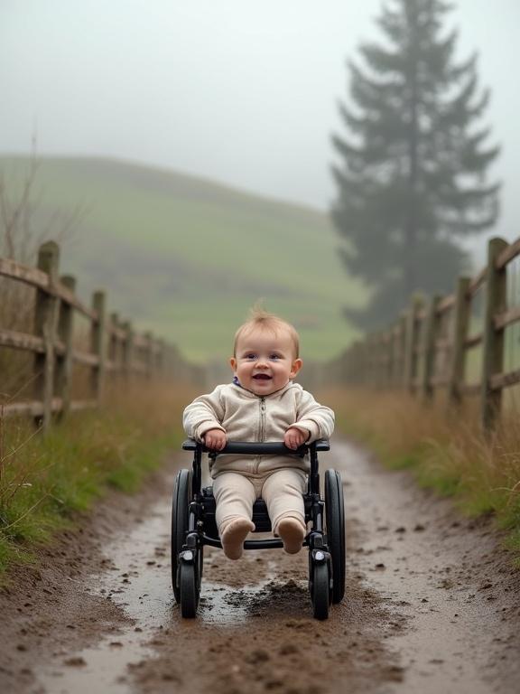Image of a baby in a wheelchair on a muddy rural path. Scene includes misty hills and trees with a wooden fence. Baby dressed in neutral colors looking happy. Mood conveys resilience and beauty of simple moments.