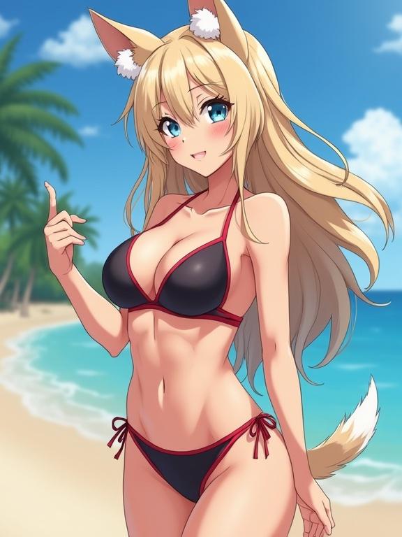 Anime character depicted as a furry dog girl wearing a black bikini on a sunny beach with a serene ocean backdrop and palm trees.
