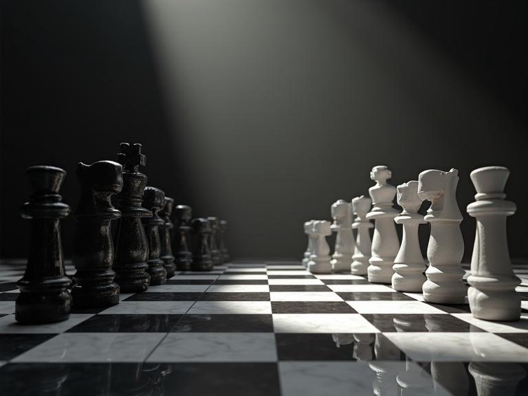 Chess figures resemble naked statues engaged in a battle. Black and white pieces face each other on a checkerboard. Dramatic lighting creates deep shadows and bright highlights.
