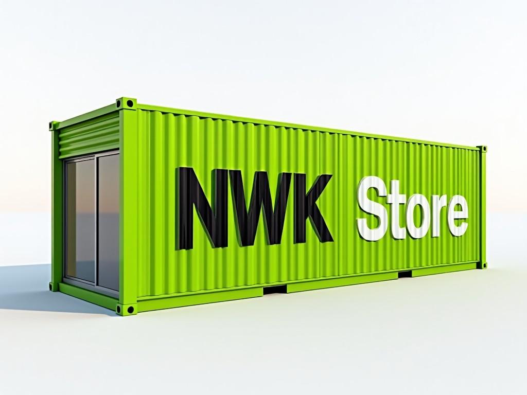 The image showcases a bright green shipping container with the text 'NWK Store' prominently displayed. This container is designed as a modern retail space, emphasizing creativity in store design. The container's bright color makes it eye-catching and attractive for promotional purposes. It is set against a simple background, allowing the focus to remain on the container itself. The overall style reflects a trendy and innovative approach to retail.