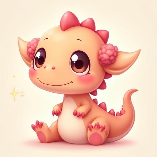 Chibi dinosaur character design featuring soft peach color. Character has two ponytails styled from fur or frills with star clips. The dinosaur has large innocent eyes and a magical appearance.  Soft lighting and smooth textures enhance the cuteness.