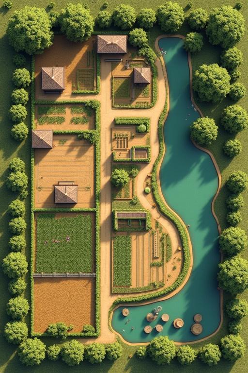 Design a farm layout featuring multiple crop production plots for rotation. Include a homestead area and workers’ housing zone at a distance. Add pathways for walking and machinery. Incorporate a dam for irrigation and aesthetics. Include water access with a borehole. Ensure perimeter is suitable for excluding wildlife.