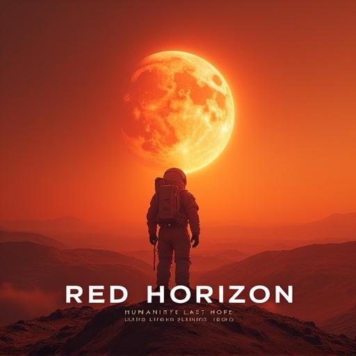 Cinematic poster of astronaut on Mars looking at Earth with two setting suns. Hyper-realistic and awe-inspiring. Title in clean white sans-serif at the bottom. Tagline above.