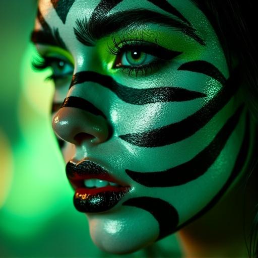 Ultra-realistic close-up of a human face. Face painted with black and white tribal stripes resembling zebra patterns. Luminous emerald eyes highlighted with neon green accents. Glossy ombré lips with a smooth, porcelain-like skin texture. Soft gold-green bokeh lights in a cinematic background.