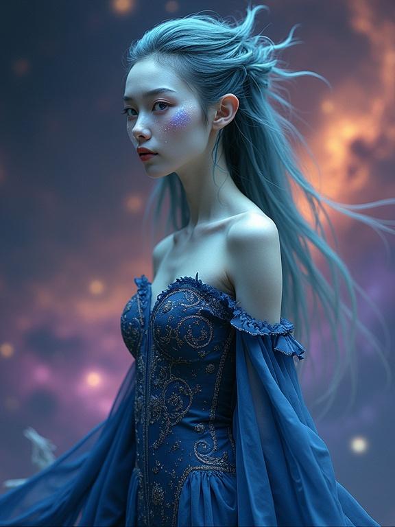 A portrait of an extraterrestrial woman in Art Nouveau style. She has pearlescent skin with bioluminescent patterns. Large almond-shaped amethyst eyes convey intelligence. Her hair is a mix of midnight blue and emerald green. She wears a flowing indigo gown with silver constellations. The background is a swirling nebula in purples, blues, and oranges. The lighting is soft like twilight, enhancing her beauty in a cosmic setting.