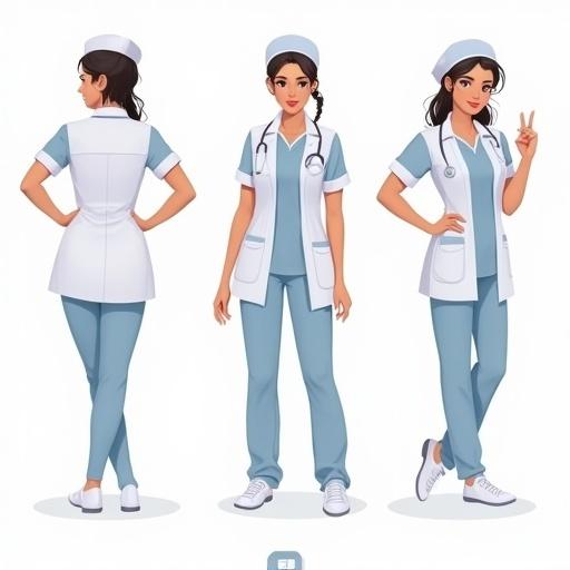 Concept art of nurse shows different angles and poses. Nurse wears scrubs and a cap. Depicts front, side, and back views for variety.