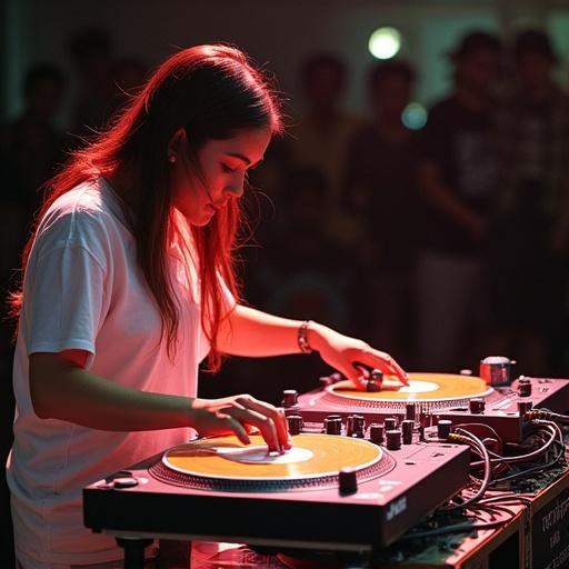 Female DJ from Laos performs on two turntables during a DJ championship. She executes rapid turntable tricks and mixes music at high speed. Event takes place in a crowded venue. Focus on DJ's hands and equipment.