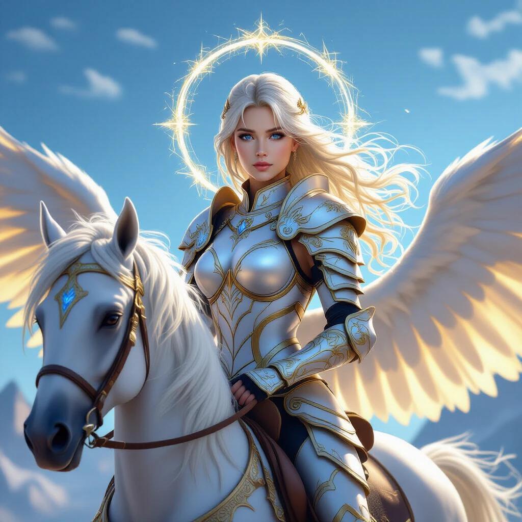 Ultra-realistic depiction of a beautiful female warrior with golden aura. She has blue eyes and a relaxed expression. She wears sleek silver-white armor with blue runes while riding a pegasus. The background shows a dynamic blue sky lit by dawn light, and she has long wavy blonde hair.