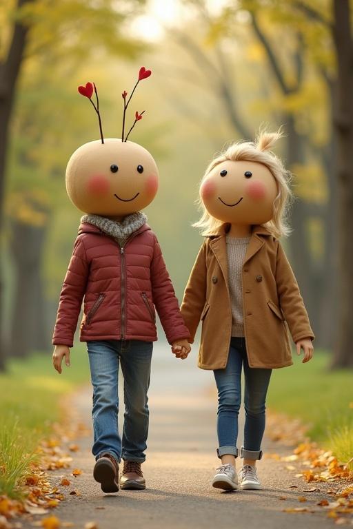 Two characters walk hand in hand on a path in a park. One character is a blonde woman, casual clothing, the other a cartoon-like stick figure with a smiling face holding hearts. Surrounding spring trees create a warm, cheerful setting.