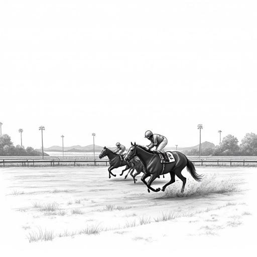 Storyboard in black and white depicts horses on a racetrack. Horses are in motion, racing against each other. Track is visible in background with grandstands. Scene captures excitement and speed.