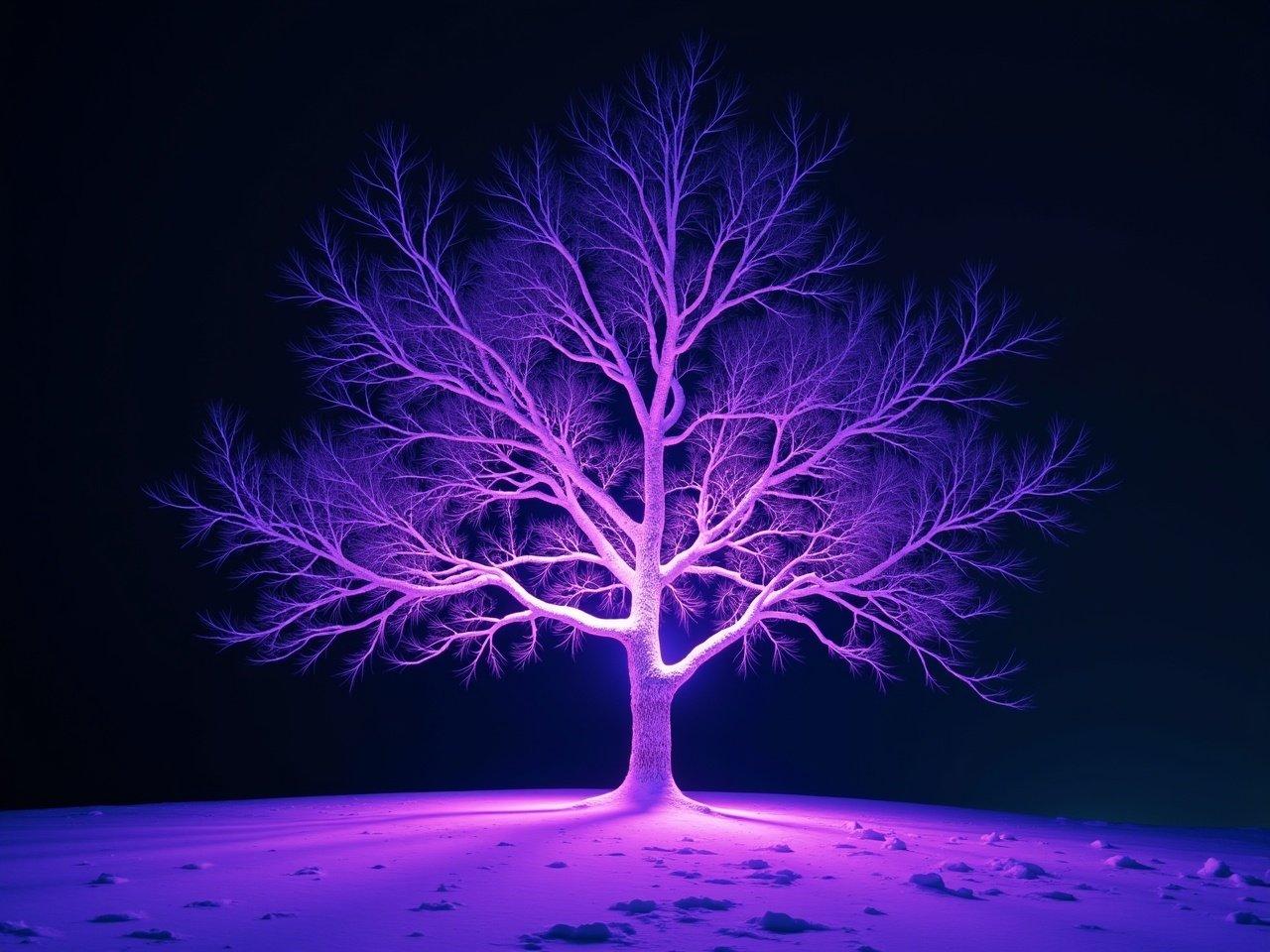 The image depicts a beautifully illuminated tree in a winter landscape. Its branches are bare, likely due to the winter season, and are adorned with a fresh layer of snow. The scene is enhanced by vibrant colors, with shades of purple and blue casting a magical glow. The background is a dark night sky, which contrasts sharply with the bright colors of the tree. This stunning visual creates a peaceful and enchanting atmosphere.