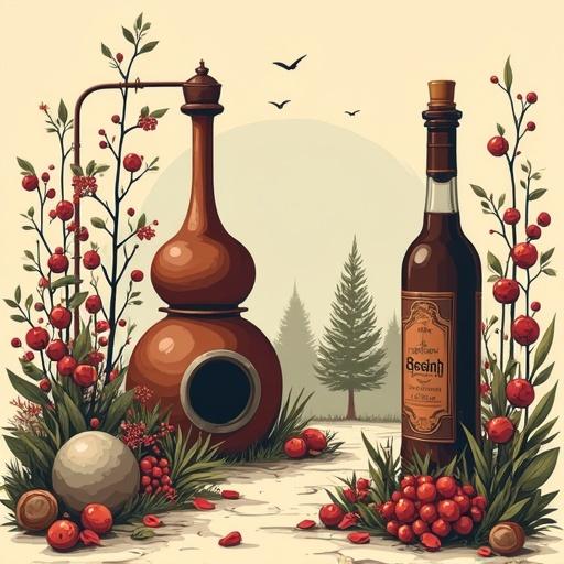 A copper still stands in an alchemist laboratory. The still is surrounded by blooming herbs like wormwood and plants rich in sloe berries and rosehips. A fir tree looms in the background. A liqueur bottle with a beautifully designed label shows the phrase connected to the garden. The scene captures fantasy and nostalgia, set against a warm beige background.